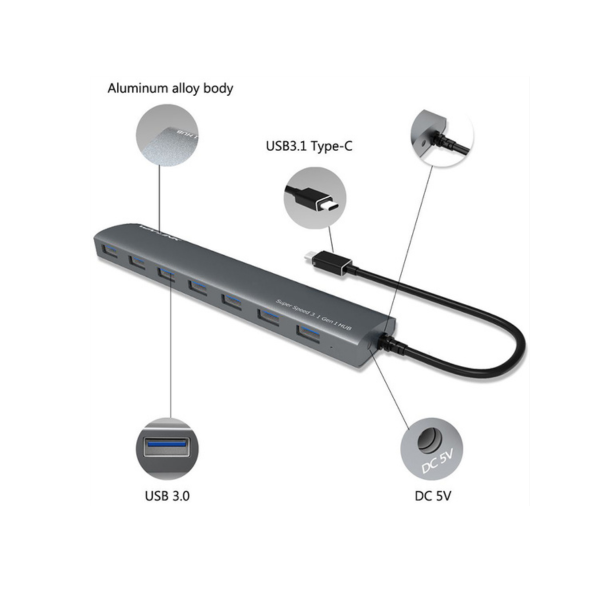 מפצל Wavlink UH3074C USB-C to USB3.0 7 Port Aluminum HUB – תמונה 3